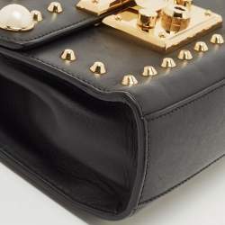 Pre Owned Gucci Black Leather Small Pearl Studded Padlock Shoulder Bag