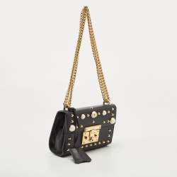 Pre Owned Gucci Black Leather Small Pearl Studded Padlock Shoulder Bag