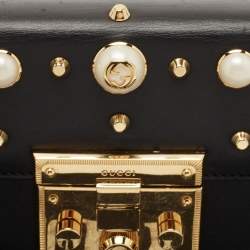 Pre Owned Gucci Black Leather Small Pearl Studded Padlock Shoulder Bag