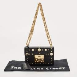 Pre Owned Gucci Black Leather Small Pearl Studded Padlock Shoulder Bag