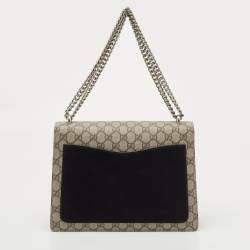 Pre Owned Gucci Black/Beige GG Supreme Canvas and Suede Medium Dionysus Shoulder Bag