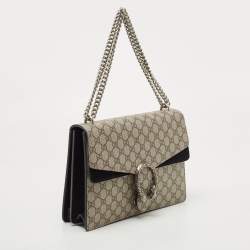 Pre Owned Gucci Black/Beige GG Supreme Canvas and Suede Medium Dionysus Shoulder Bag