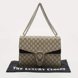 Pre Owned Gucci Black/Beige GG Supreme Canvas and Suede Medium Dionysus Shoulder Bag