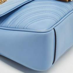 Pre Owned Gucci Light Blue Matelassé Leather Small GG Marmont Shoulder Bag