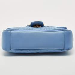 Pre Owned Gucci Light Blue Matelassé Leather Small GG Marmont Shoulder Bag