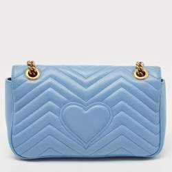 Pre Owned Gucci Light Blue Matelassé Leather Small GG Marmont Shoulder Bag