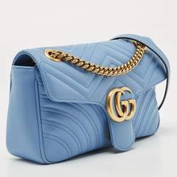 Pre Owned Gucci Light Blue Matelassé Leather Small GG Marmont Shoulder Bag