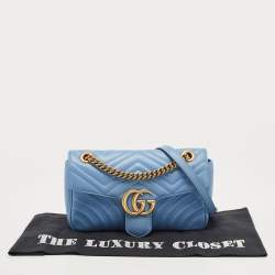 Pre Owned Gucci Light Blue Matelassé Leather Small GG Marmont Shoulder Bag