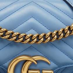 Pre Owned Gucci Light Blue Matelassé Leather Small GG Marmont Shoulder Bag