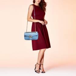 Pre Owned Gucci Light Blue Matelassé Leather Small GG Marmont Shoulder Bag