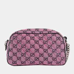 Pre Owned Gucci Pink & Black Canvas Small Diagonal Quilted GG Shoulder Bag