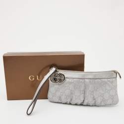 Gucci Silver Guccissima Leather Interlocking G Wristlet Clutch