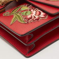 Pre Owned Gucci Red Floral Embroidered Leather Small Dionysus Shoulder Bag