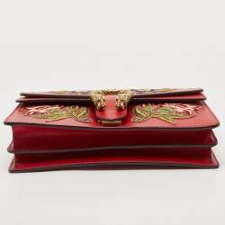 Pre Owned Gucci Red Floral Embroidered Leather Small Dionysus Shoulder Bag