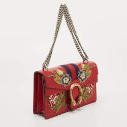 Pre Owned Gucci Red Floral Embroidered Leather Small Dionysus Shoulder Bag