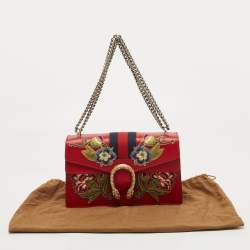 Pre Owned Gucci Red Floral Embroidered Leather Small Dionysus Shoulder Bag