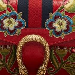 Pre Owned Gucci Red Floral Embroidered Leather Small Dionysus Shoulder Bag