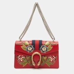 Pre Owned Gucci Red Floral Embroidered Leather Small Dionysus Shoulder Bag