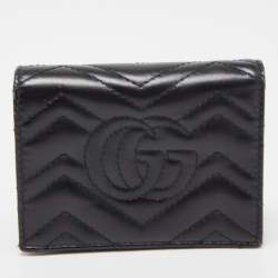 Pre Owned Gucci Blakc Matelasse Leather GG Marmont Card Case