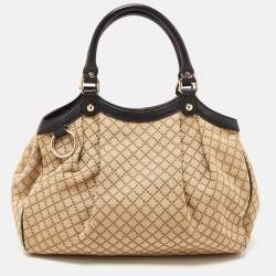 Pre Owned Gucci Beige/Black GG Canvas and Leather Medium Sukey Tote