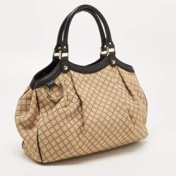 Pre Owned Gucci Beige/Black GG Canvas and Leather Medium Sukey Tote