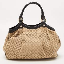Pre Owned Gucci Beige/Black GG Canvas and Leather Medium Sukey Tote