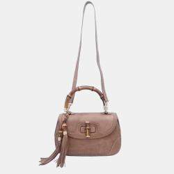 Gucci Brown Ostrich Medium Bamboo Daily Top Handle Bag Silver