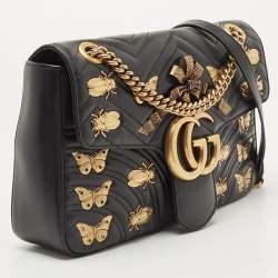 Pre Owned Gucci Black Matelasse Leather Medium GG Marmont Animal Studs Shoulder Bag