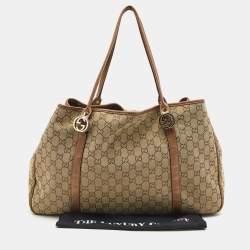 مملوكة مسبقًا حقيبة يد توتس غوتشي GG جلد وكانفاس بني/بيج كبيرة