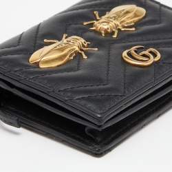 Gucci Black Matelassé Leather Cicada GG Marmont Card Case