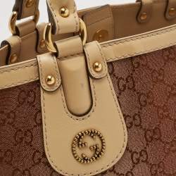 Pre Owned Gucci Beige/Metallic Pink GG Canvas and Leather Medium Scarlett Stud Tote