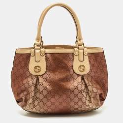 Pre Owned Gucci Beige/Metallic Pink GG Canvas and Leather Medium Scarlett Stud Tote