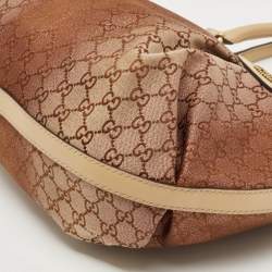 Pre Owned Gucci Beige/Metallic Pink GG Canvas and Leather Medium Scarlett Stud Tote