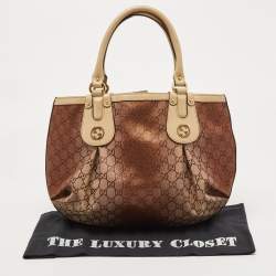 Pre Owned Gucci Beige/Metallic Pink GG Canvas and Leather Medium Scarlett Stud Tote