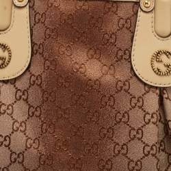 Pre Owned Gucci Beige/Metallic Pink GG Canvas and Leather Medium Scarlett Stud Tote