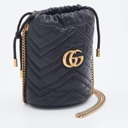 Gucci Black Matelassé Leather Mini GG Marmont Bucket Bag