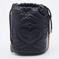 Gucci Black Matelassé Leather Mini GG Marmont Bucket Bag