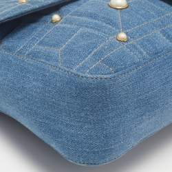 Gucci Blue Matelassé Denim Medium Pearl Embellished GG Marmont Shoulder Bag