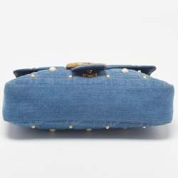 Gucci Blue Matelassé Denim Medium Pearl Embellished GG Marmont Shoulder Bag