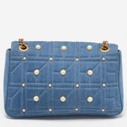 Gucci Blue Matelassé Denim Medium Pearl Embellished GG Marmont Shoulder Bag