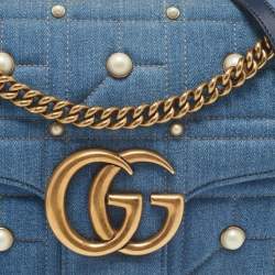Gucci Blue Matelassé Denim Medium Pearl Embellished GG Marmont Shoulder Bag