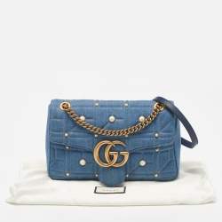 Gucci Blue Matelassé Denim Medium Pearl Embellished GG Marmont Shoulder Bag