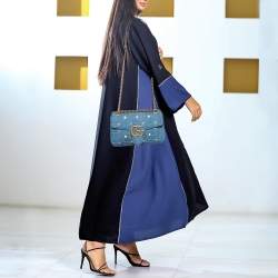 Gucci Blue Matelassé Denim Medium Pearl Embellished GG Marmont Shoulder Bag