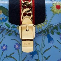Gucci Blue Floral Print Leather Mini Web Sylvie Top Handle Bag