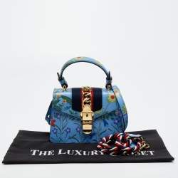 Gucci Blue Floral Print Leather Mini Web Sylvie Top Handle Bag