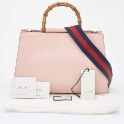 Pre Owned Gucci Pink/White Leather Nymphaea Bamboo Top Handle Bag