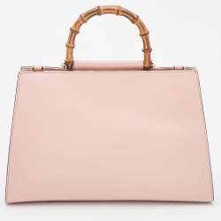 Pre Owned Gucci Pink/White Leather Nymphaea Bamboo Top Handle Bag
