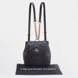 Pre Owned Gucci Black Matelassé Leather GG Marmont Backpack