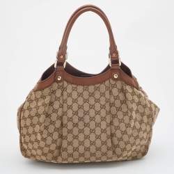 Pre Owned Gucci Beige/Brown GG Canvas and Leather Medium Sukey Tote