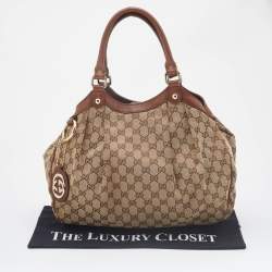 Pre Owned Gucci Beige/Brown GG Canvas and Leather Medium Sukey Tote